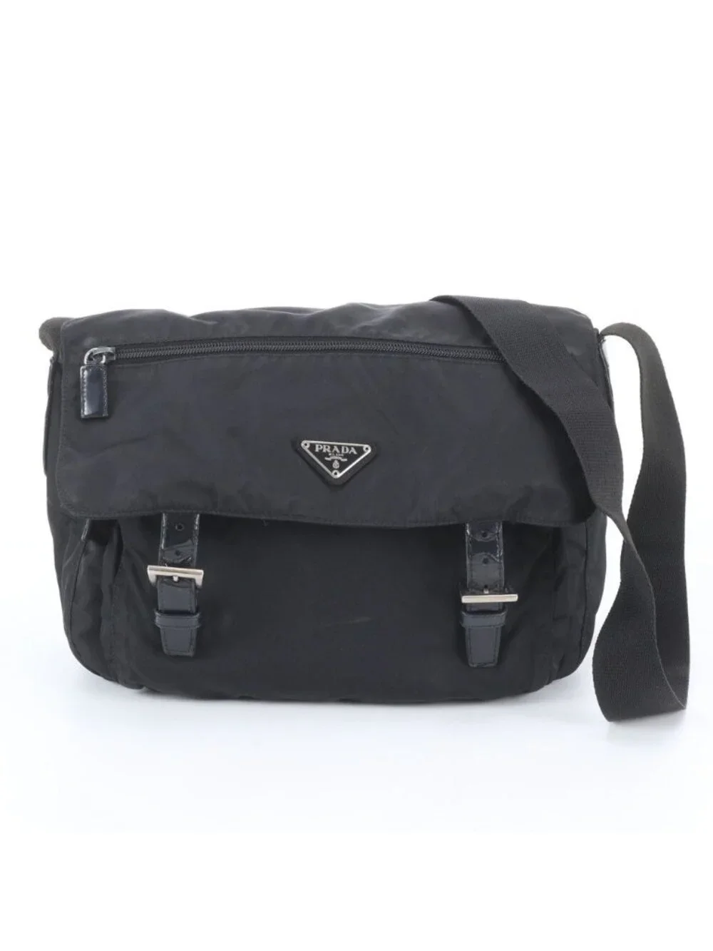 Prada Tessuto Nylon Triangle Logo Leather Shoulder Bag Crossbody Messenger Black